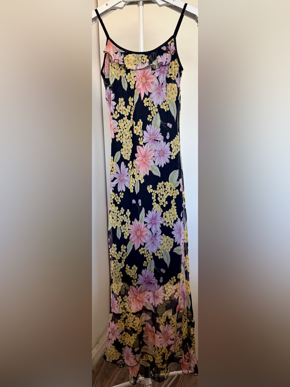 Floral Slip Maxi Dress - Black with Pink & Yellow Blooms